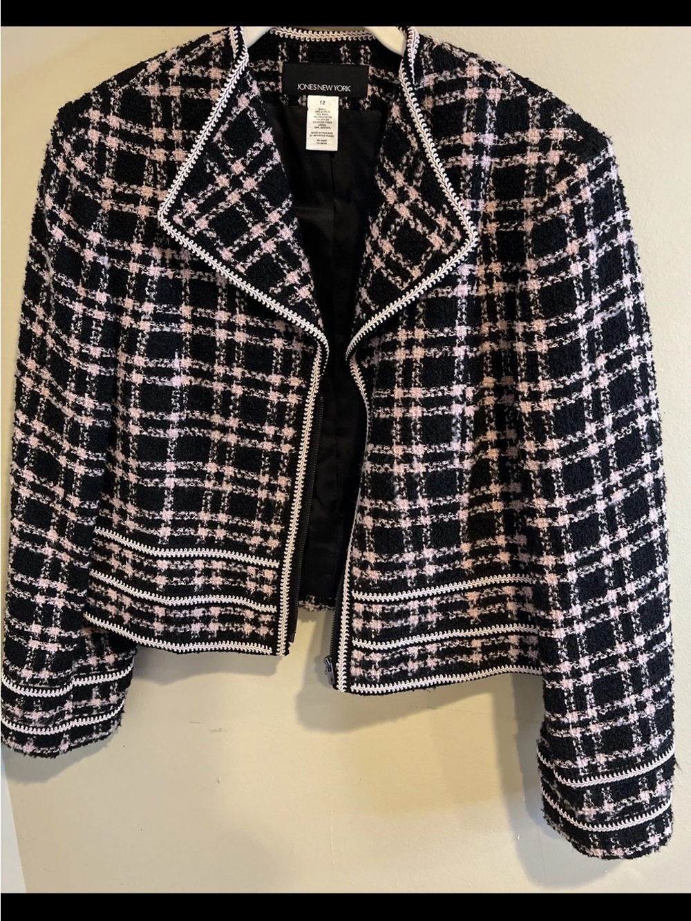 Jones New York Black and Pink Tweed Zip-Front Jacket